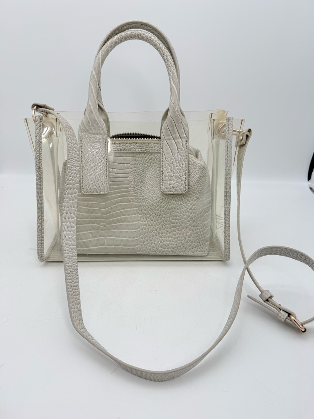 Zara Gray Croc-Embossed PVC Tote Bag - Clear Overlay